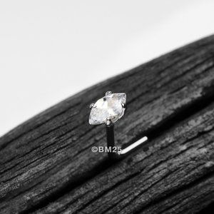 14 Karat White Gold Prong Set Marquise Gem Sparkle L-Shaped Nose Ring - Clear
